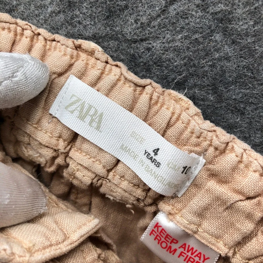 Zara Kids Boys 4T‎ 100% Linen Pants Cargo Jogger Beige Elastic Waist Summer